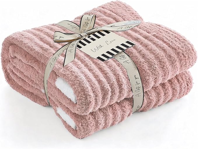 WRENSONGE Striped Throw Blanket, Pink Soft Cozy Fluffy Warm Hand Made Throw Blankets for Couch, Sofa, Chair, Bed, Camping, Picnic, Travel Lightweight Bed Blanket - 60"*80"