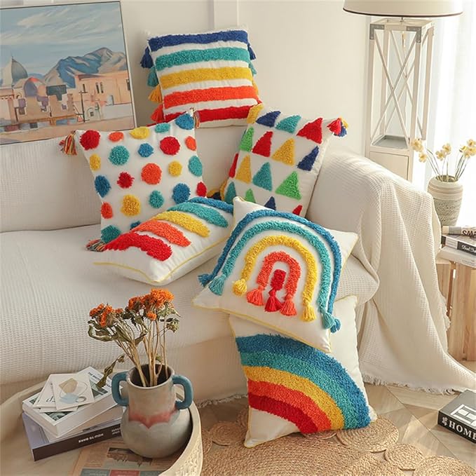 Rainbow Boho Throw Pillow Covers 18x18 Inch - Hand Tufted Cotton with Playful Tassels | Multicolor Pattern | Vibrant Nursery Kids Room Decor Sunset Rainbow Pack of 1,18" x 18" C
