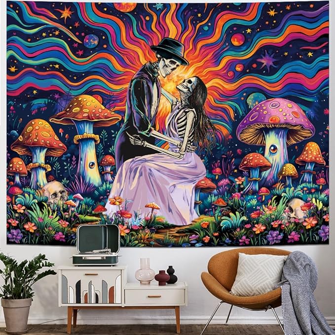Heopapin Blacklight Skeleton Couple Tapestry UV Reactive The Lovers Skull Mushroom Wall Hanging Tapestry Romantic Cosmos Galaxy Aesthetic Tapesties for Living Room Bedroom 78.7L x 59.1W