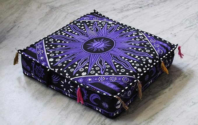 ICC Large Square Cotton Mandala Cushion Cover Hippie Ottoman Pouf Cover Daybed Floor Pillow Cover with Heavy Duty Zipper Seating Ottoman Poufs Dog-Pets Bed (Purple Burning Sun, 18" Square)