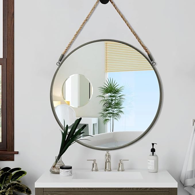 POZINO Large Round Rope Mirror, 30 Inch Circle Farmhouse Mirror, Hanging Mirror for Bathroom Bedroom Living Room Entryway Home Decor, Grey