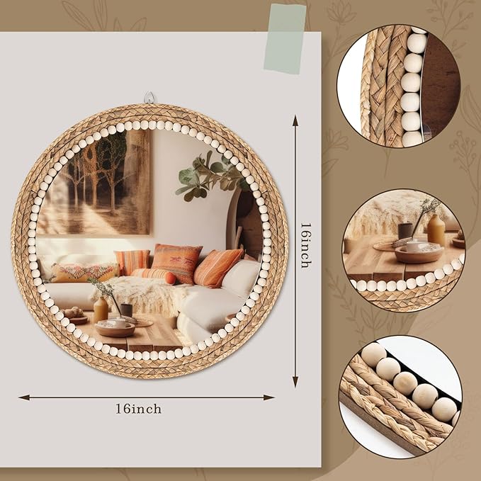 Boho Round Hanging Wall Mirror Decor 16 Inches Rattan Wicker Costal Loop Round Circle Mirrors for Coastal Farmhouse, Living Room, Bedroom, Entryway
