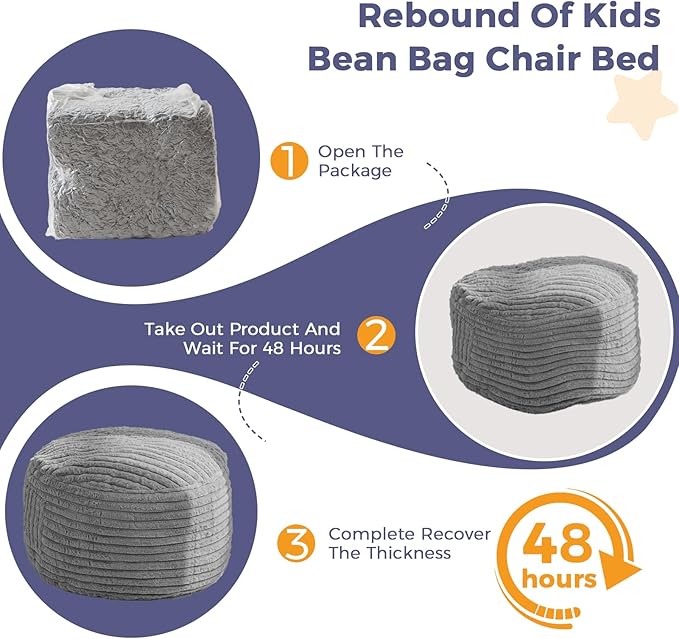MAXYOYO Kids Bean Bag Chair Bed, Convertible Children Chair to Floor Mattress with Filler, Faux Fur Bean Bag Bed Stuffed Child Sofa Couch for Girl Boy Sleeping, Machine Washable Cover, Grey