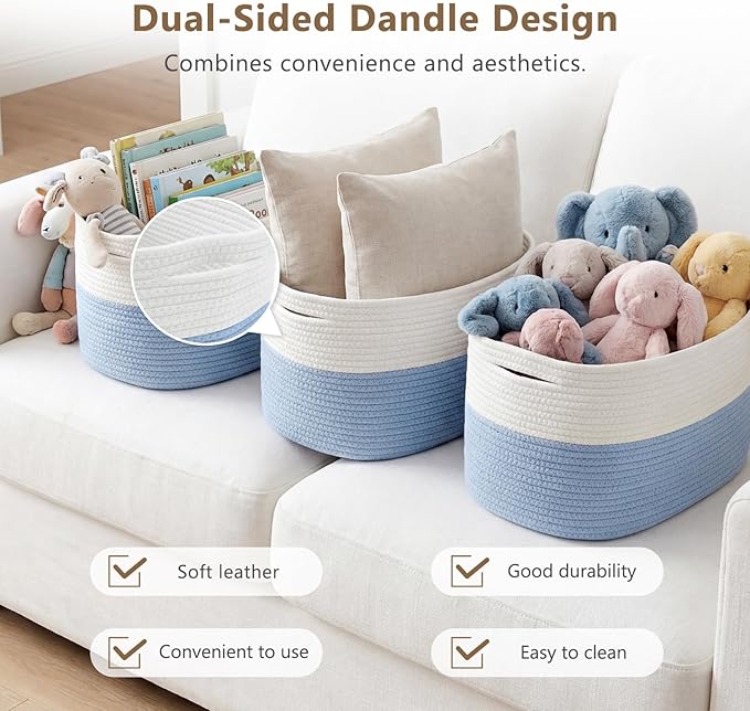 Cotton Rope Storage Basket, 15x10x9 Inches, Woven Basket for Shelves, Clothes, Towels, Books, and Laundry, White Blue (3 Pack)