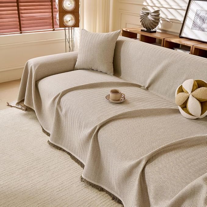ROOMLIFE Boho Khaki Couch Covers for 3 Cushion Sofa, Couch Cover Sectional Sofa Cover for Dog, Washable Furniture Sofa Protector Cover Soft Blanket with Tassel for Living Room, 71''X118''