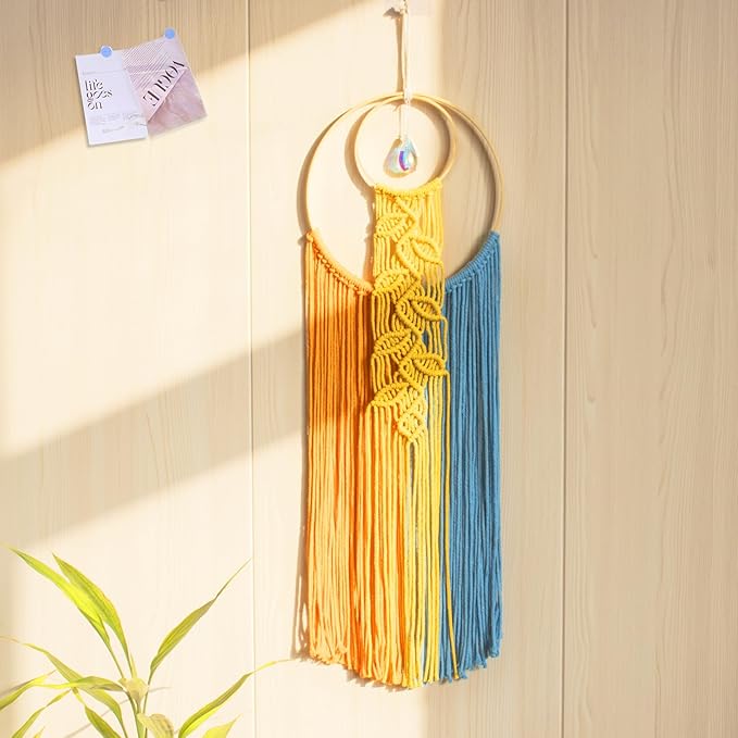 LB Boho Colorful Crystal Macrame Wall Hanging Boho Dream Catcher Yellow Hand Woven Leaf Tapestry Art Modern Aesthetic Tassel Wall Decor for Home, Bedroom, Living Room