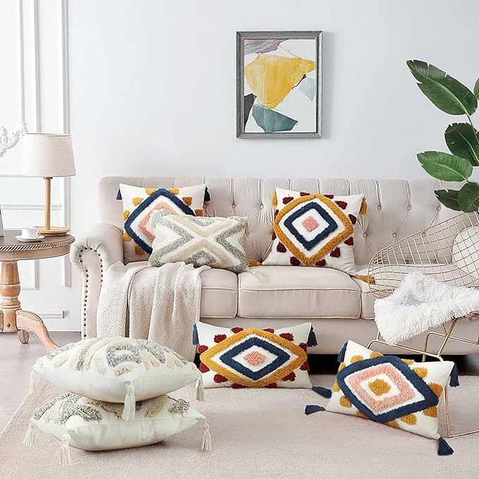 Merrycolor White Grey Boho Pillow Covers 20x20 with Tassels Tufted Decorative Gray Throw Pillows Neutral Modern Accent Pillowcase Farmhouse Square Cushion Covers for Couch Sofa Bedroom Living Room