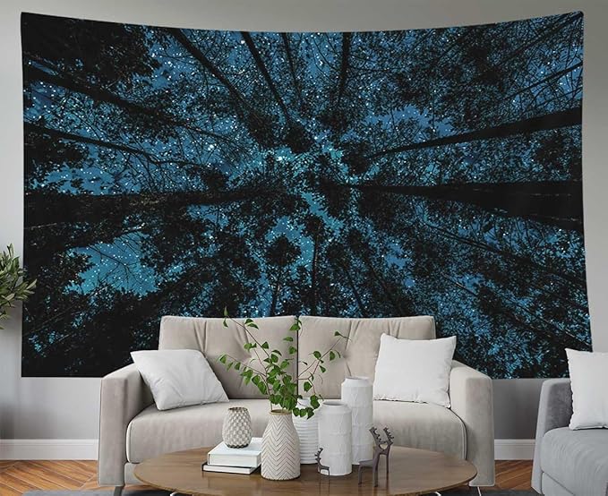 EMMTEEY Forest Tapestry for Bedroom & Ceiling Wall Art - Starry Night Sky with Dark Stars Aesthetic Wall Hanging Décor 80x60 Inch for Dorm Living Room