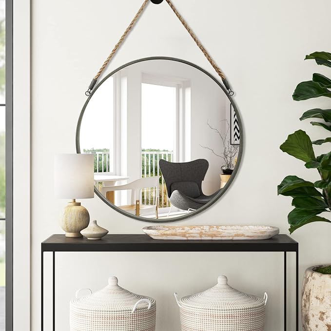 POZINO Large Round Rope Mirror, 30 Inch Circle Farmhouse Mirror, Hanging Mirror for Bathroom Bedroom Living Room Entryway Home Decor, Grey