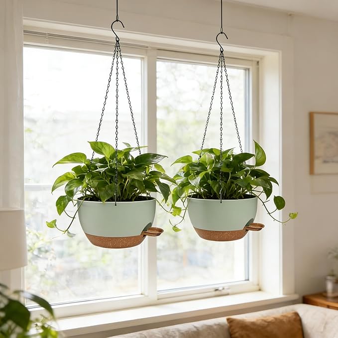 12 Inch Self Watering Hanging Planters 2 Pack, Indoor Outdoor Hanging Pots for Plants with Drainage Holes & Saucers, Green Brown Plastic Hanging Baskets for Kitchen Balcony Garden