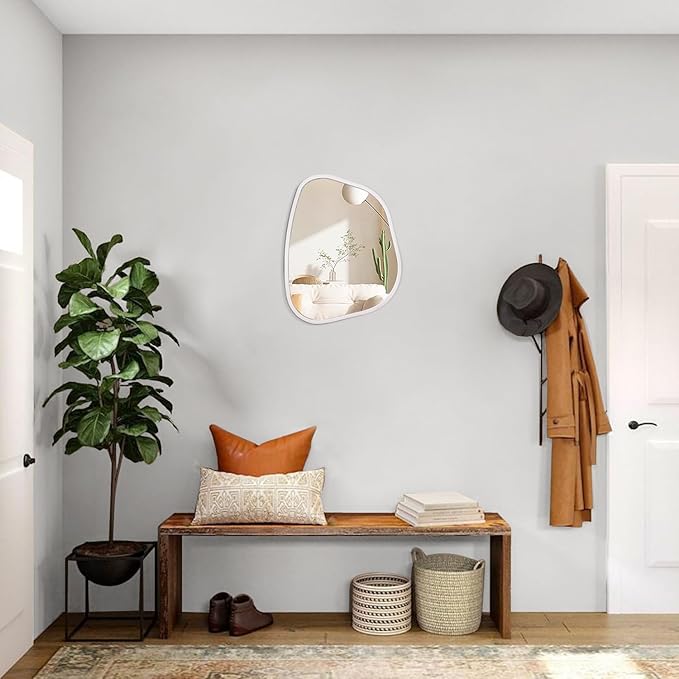 White Irregular Bathroom Mirror Modern Oval Wall Mirror Asymmetrical Wooden Framed Wall Mirror Unique Shape Wall Mounted Vanity Artistic Mirror Decor for Living Room Bedroom Entryway Small 14"x10"