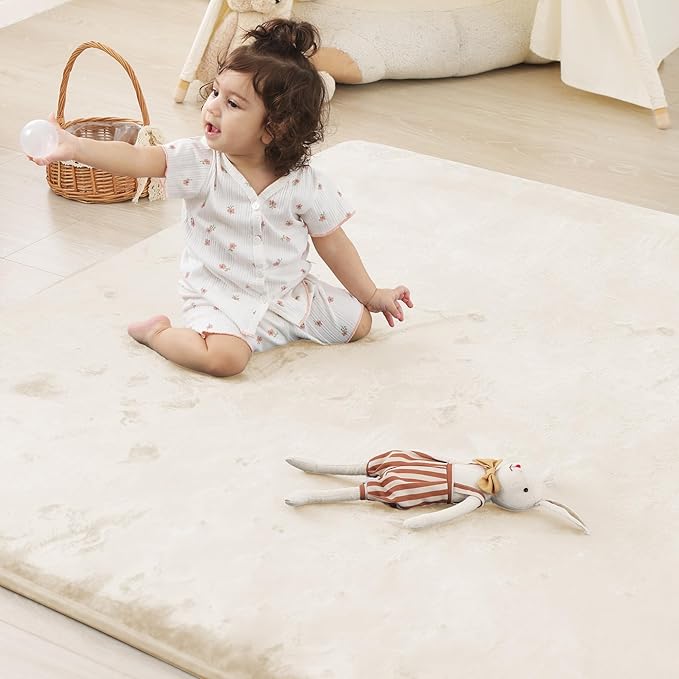 1.5" Thick Baby Play Mat for Floor, 79x79 Playpen Mat, Pro Soft Flannel Foam Mats Toddler Infant Kids Crawling for Nursery Rug Playroom Living Room Waterproof Easy Care Non-Slip (Beige)