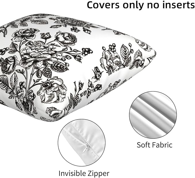 Black Floral Throw Pillow Covers 18x18 Inch Vintage Flower Black White Decorative Pillow Covers Set of 2 Farmhouse Pillowcases Square Cushion Covers for Couch Bed Sofa Chair Car Decor