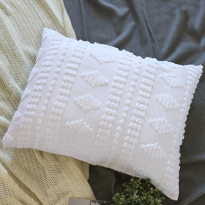 YINFUNG Tufted Pillow Sham Standard White Set of 2 Boho Pillowcases Shabby Chic Decorative Textured Poms Diamonds Moroccan Embroidery Farmhouse Bright White 20x26