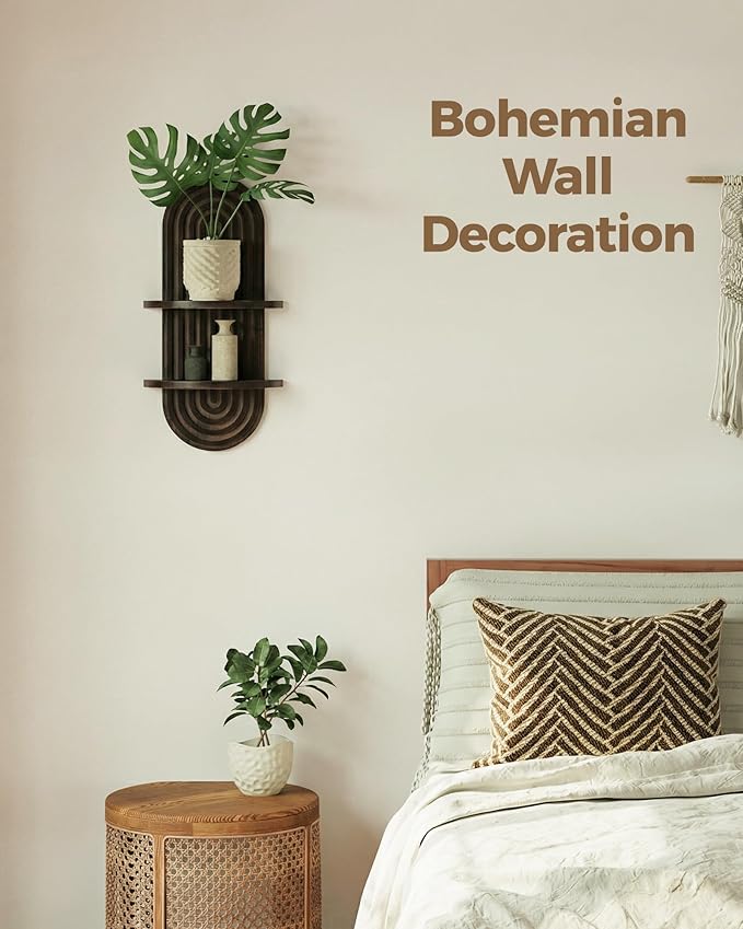 Bamworld Boho Wall Decor Plant Wall Shelf Mid Century Modern Decor Hanging Plant Shelf 2-Tier Wooden Floating Shelves for Home Bathroom Bedroom Living Room Office Holding Planter Decoration Walnut
