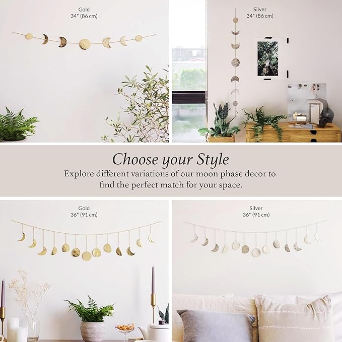 BASE ROOTS Moon Phase Wall Decor, Gold Wall Decor for Bedroom & Living Room, Bohemian Wall Decor, Handmade Hammered Metal 34" 7 Phases Moon Wall Decor, Celestial Wall Art, Gift for Women & Kids