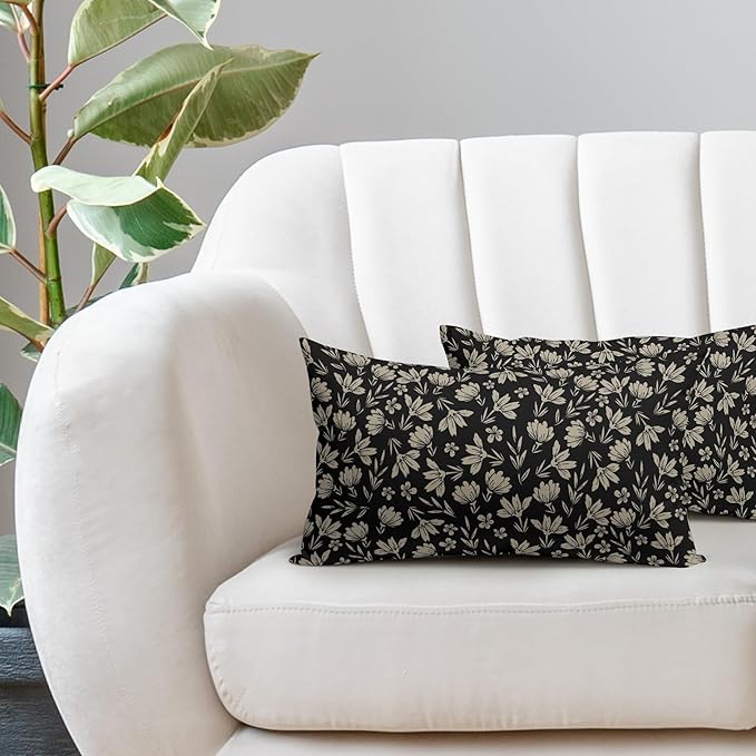 Vintage Flower Lumbar Pillow Covers 12x20 Set of 2 Rustic Old Style Cute Small Floral Black Cream Decorative Throw Pillows Outdoor PillowCase Farmhouse Linen Long Cushion Case Decor for Sofa Couch Bed