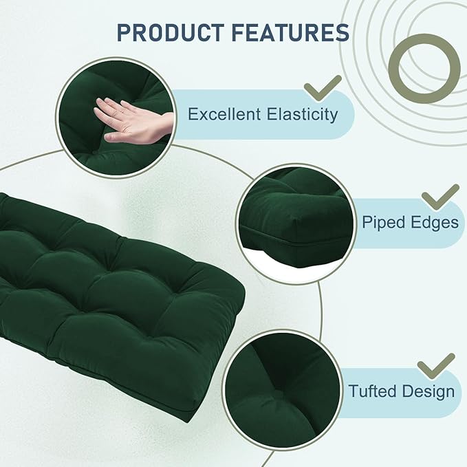 downluxe Outdoor Bench Cushion for Patio Furniture, Water Resistant Tufted Overstuffed Porch Swing Cushions, Thick Outdoor Loveseat Cushions, 48" X 18" X 5", Forest Green, Set of 1