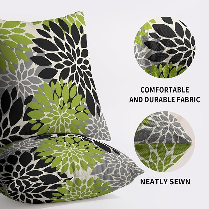 Black Lime Green Pillow Covers 22X22 Inch Set of 2, Spring Summer Floral Dahlia Flower Cream Decorative Throw Pillow Covers Outdoor Modern Farmhouse Cushion Case for Home Couch Sofa Bed Decor