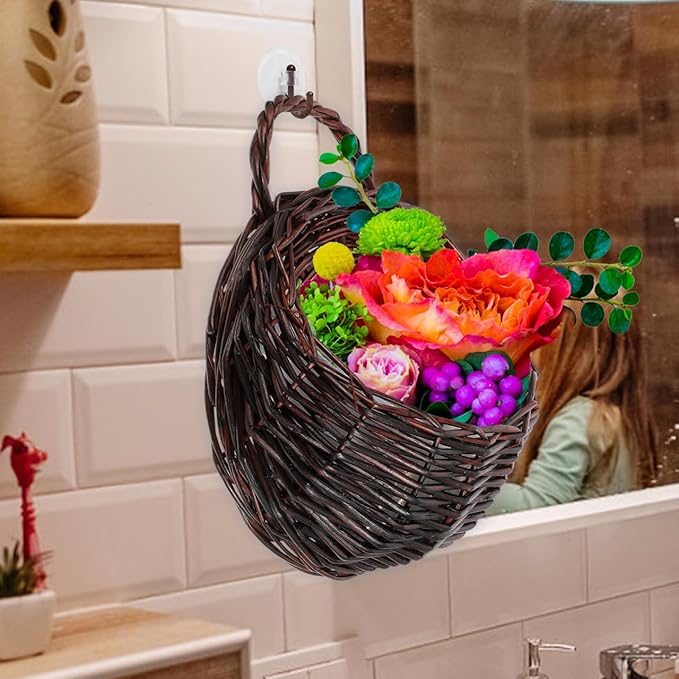 DOITOOL Rattan Woven Hanging Basket: 2PCS Wicker Wall Planter Woven Hanging Storage Basket Wall Flower Holders Indoor Outdoor Bohemia Planter