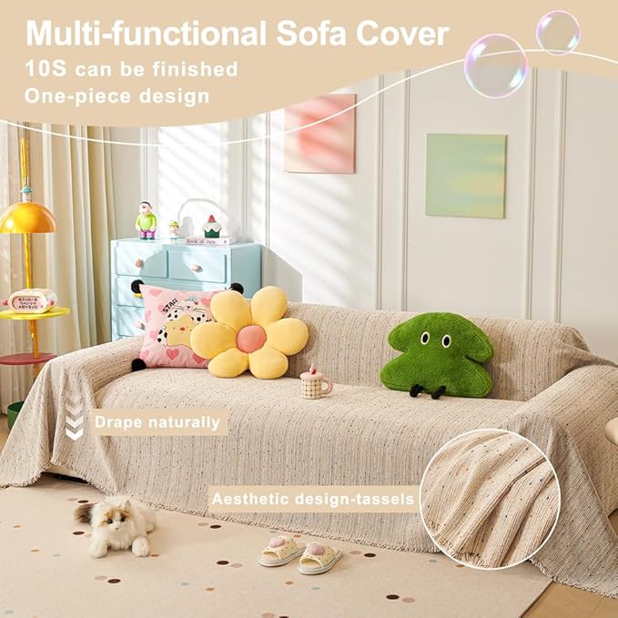 ROOMLIFE Boho Rainbow Coffee Couch Covers for 3 Cushion Sofa, Chenille Sofa Slipcovers Cover for Dog, Washable Furniture Sofa Protector Cover Soft Blanket with Tassel for Living Room, 71''X118''