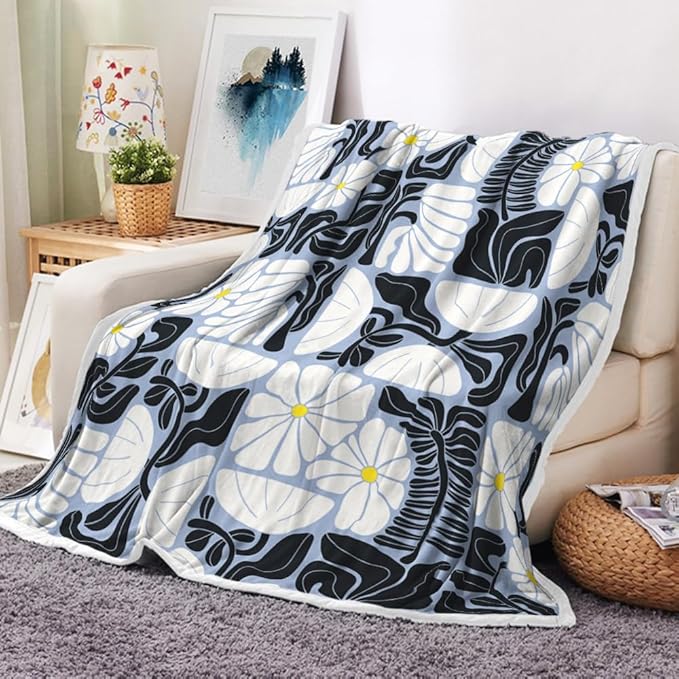 Boho Abstract Colorful Floral Throw Blanket, Vintage Retro Patchwork White Black Purple Flower Botanical Geometric Aesthetic Groovy Flannel Throw Blanket for Chair Bed Sofa Couch, 50X60IN