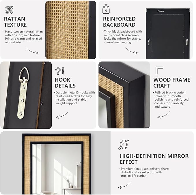 Rattan Full Length Mirror,18"x48" Long Rattan Wall Mirror,Wooden Mirror with Wicker Frame,Decorative Full Body Mirror Hanging,Farmhouse Rectangle Floor Mirror for Bathroom Living Dressing Room Black