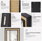Rattan Full Length Mirror,18"x48" Long Rattan Wall Mirror,Wooden Mirror with Wicker Frame,Decorative Full Body Mirror Hanging,Farmhouse Rectangle Floor Mirror for Bathroom Living Dressing Room Black