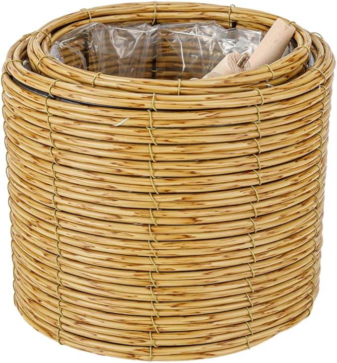 THY COLLECTIBLES Set of 2 Natural Color Woven Planter Baskets with Plastic Lining and 3 Wooden Legs, Multipurpose Storage for Plants, Flowers, Toys, Rustic Farmhouse (Thin Weave)