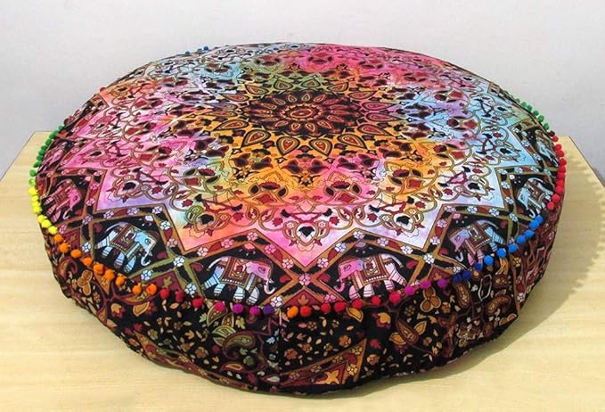 ICC Large Hippie Mandala Round Floor Pillow Cover Ottoman Pouf Cover Daybed Oversized Cotton Cushion Cover with Heavy Duty Zipper Seating Ottoman Poufs Dog-Pets Bed (Multi Star, 35" Round)
