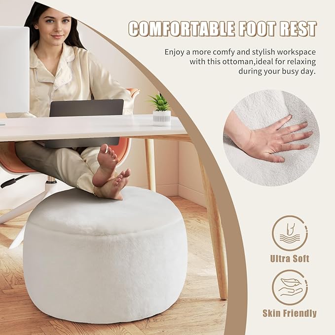 Round Pouf Ottoman Foot Rest, 29 X 18Inch Floor Poufs Footstool, A Round Modern Foam Filled Foot Stool for Living Room, Home, Nursery, Dorm (White, 29Inch)