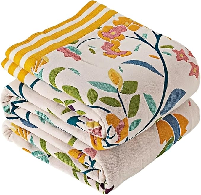 Boho Blanket for Bed 100% Cotton Bohemian Throw Blankets Ultra Soft Woven Muslin Decorative Blankets All Seasons Vintage Quilt Knitted Blanket for Sofa Chair(Yellow, 90"x98")