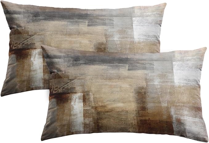 Britimes Throw Pillow Covers Modern Home Art Decor, 12 x 20 Inches Set of 2 Pillow Cases Decorative, Abstract Oil Painting Pillowcases for Bedroom, Living Room, Taupe Tan Grey Brown Beige