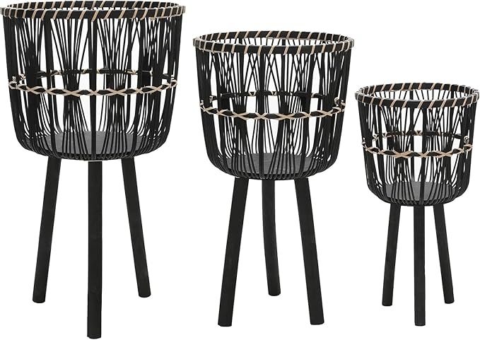 Set of 3 Woven Basket Decorative Planter Pot – Bamboo & Pine Wood Outdoor & Indoor Plant Pot – Modern Boho Garden and Home Decor Planters – 19", 23", & 26", Black