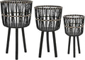 Set of 3 Woven Basket Decorative Planter Pot – Bamboo & Pine Wood Outdoor & Indoor Plant Pot – Modern Boho Garden and Home Decor Planters – 19", 23", & 26", Black