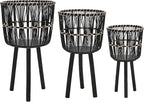 Set of 3 Woven Basket Decorative Planter Pot – Bamboo & Pine Wood Outdoor & Indoor Plant Pot – Modern Boho Garden and Home Decor Planters – 19", 23", & 26", Black