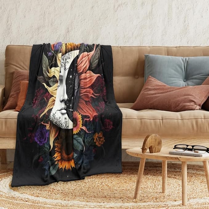 Celestial Sun Moon Flannel Blanket Boho Mid Century Day and Night Throw Blanket Farmhouse Colorfl Sunflower Throw Blanket Bed Blanket Yellow Flowers Plush Blanket for Bedroom Decor 60"x80"