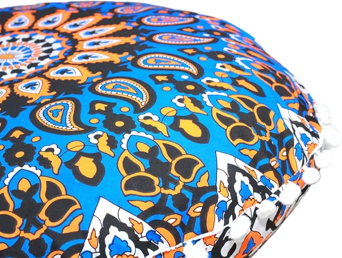 CRAFT KALA 22" Mandala Meditation Floor Pillows Cover Pouf Cover Round Seating Bohemian Mandala Cotton Floor Cushion Cover Outdoor Fireplace Seating Living Room Yoga Room Home Décor Blue Yellow Flower