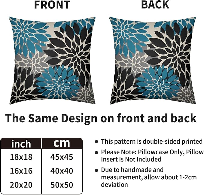 Black Turquoise Blue Pillow Covers 22X22 Inch Set of 2, Spring Summer Floral Dahlia Flower Cream Decorative Throw Pillow Covers Outdoor Modern Farmhouse Cushion Case for Home Couch Sofa Bed Decor