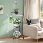 Adjustable Metal 4 Potted Flower Pot Plant Stands - 2 Tier 72 inch Tall Indoor Outdoor Heavy Duty Plant Shelf with Hangers - Perfect for Living Room Corner and Patio (Black)