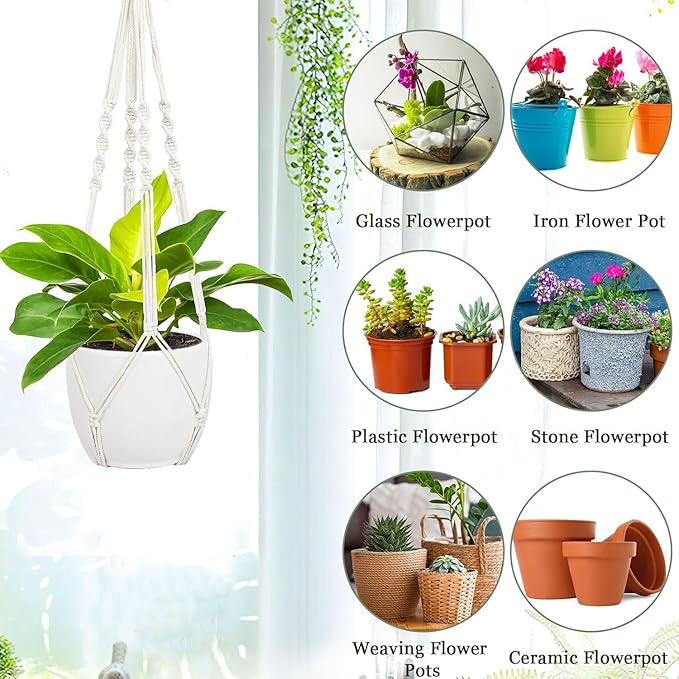 Macrame Plant Hanger Indoor Hanging Planter Basket with Wood Beads Handmade Woven Cotton Rope Flower Pot Holder Stand for Boho Outdoor Home Decor No Tassels, 35 Inch, Set of 2