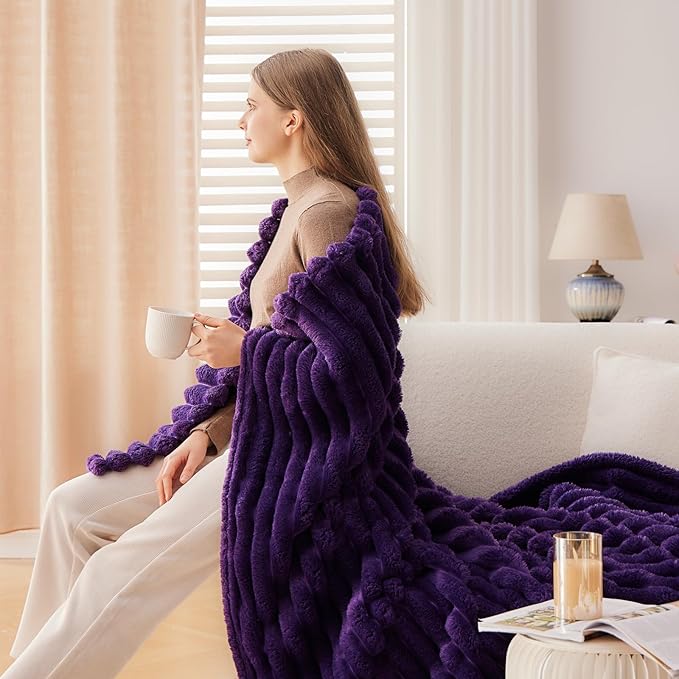 NEWCOSPLAY Super Soft King Blanket Purple Premium Silky Flannel Fleece 3D Ribbed Jacquard Lightweight Bed Blanket All Season Use (Purple Ribbed, King(90"x110"))