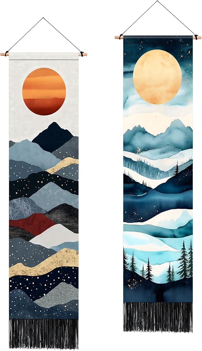 AOHMPT Pack of 2 Long Vertical Tapestry,Nature Landscape Tapestry with Serene Mountain River, Moon & Sun Motifs,Traditional Ink Painting Wall Art,Zen Aesthetic Wall Hanging for Living Room Bedroom Decor 13" W x 51" H"