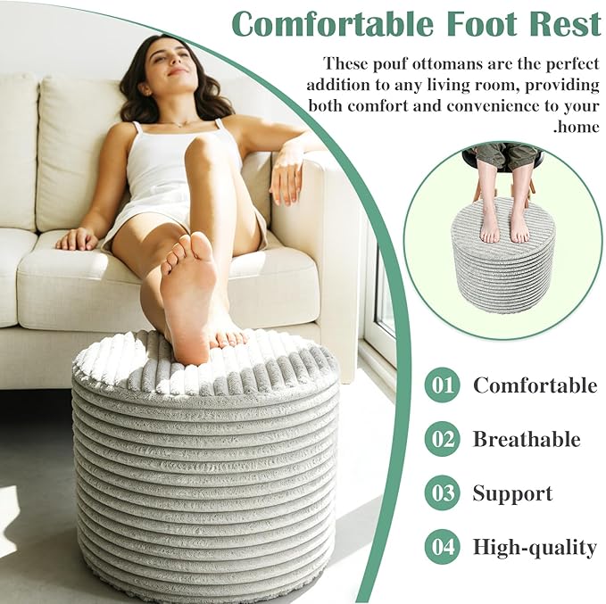 Round Pouf Ottoman, Stuffed Floor Pouf with Foam Chunk Filling, Soft Coral Fleece Furry Foot Rest Stool, Multi-Use Ottoman for Living Room, Wide Stripe Boho Decor,Dark Gray