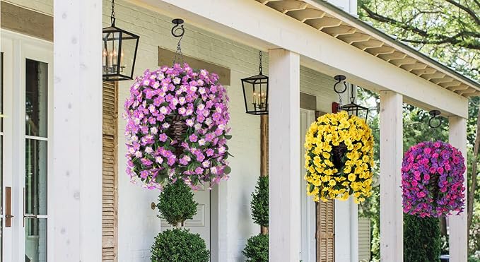 HyeFlora Artificial Fake Hanging Flowers Plants Baskets for Outdoor Outside, Faux Silk Yellow Morning Glory Flowers UV Resistant Look Real Hanging Planter for Home Porch Patio Balcony Yard Decor