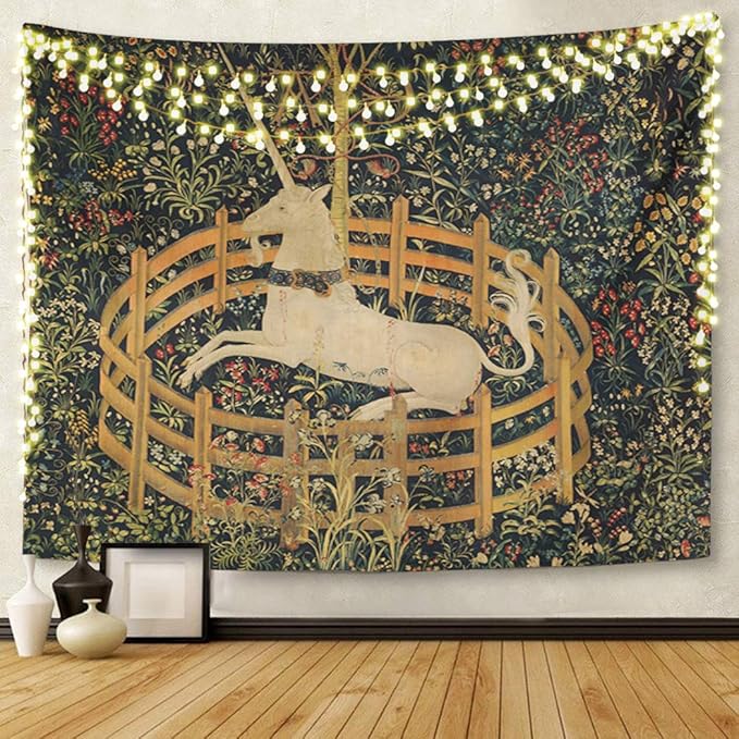 Semtomn Tapestry Artwork Wall Hanging Medieval Vintage Hunting Unicorn Captivity 60x80 Inches Home Decor Tapestries Mattress Tablecloth Curtain Print
