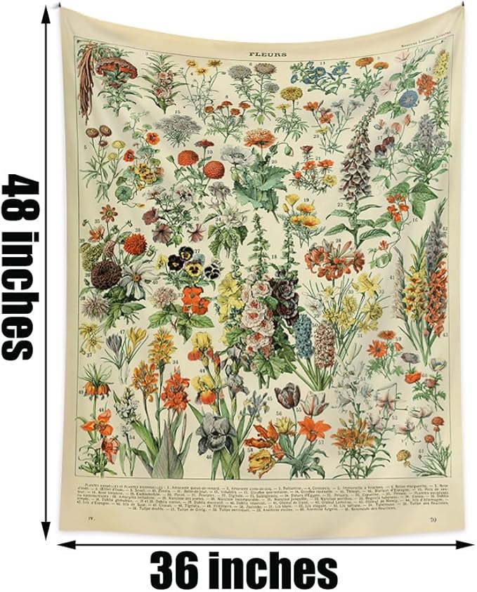 Vintage Flowers Tapestry 48”x36”, Long Vertical Wall Hanging Reference Illustrative Botanical Tapestries for Bedroom Aesthetic Floral Tapistry Botanical Plants Tapestry Wall Hanging Cute Bedroom Decor