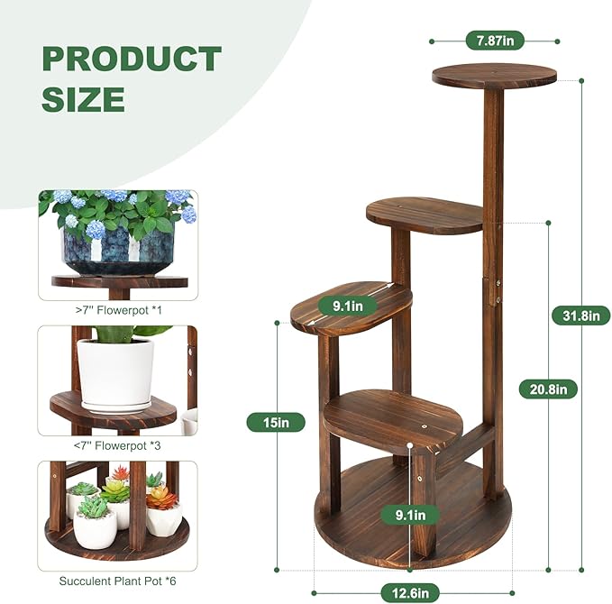 4 Tier Tall Plant Stand Indoor, Wood Corner Plant Shelf for Multiple Plants, Sturdy Oval Tiered Flower Pot Holder Display Rack for Living Room Balcony Patio,Carbonized Wood