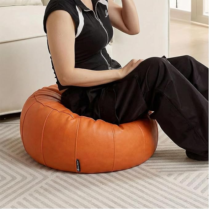 Leather Pouf - 20”Dx12”H, Wash-Free Tech Fabric Pouf Unstuffed Ottoman Moroccan Footstool, Floor Footrest Cushion, Storage Solution, Natural Orange Color Unstuffed Faux Leather Cover (Orange)