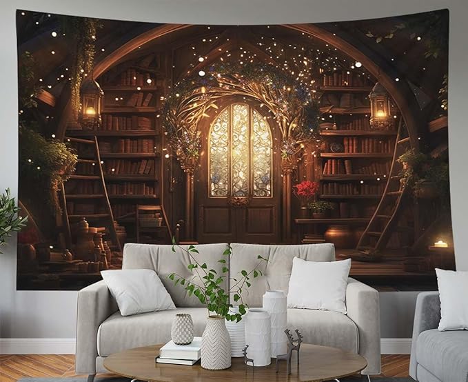 EMMTEEY Magic Library Tapestry for Bedroom 60X40 Inch - Bookshelf Wall Decoration Medieval Gothic Backdrop for Students Women